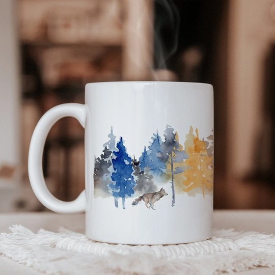 Watercolor Wolf Ceramic Mug, Wolves in The Winter Pine Forest Coffee & Trees Gift For Dad