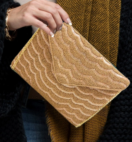Go For The Gold Metallic Seed Beaded Clutch Chain Crossbody Bag Boho Handbag