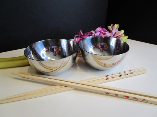 2 Asian Rice Soup Noodle Bowls, Vintage Stainless Steel Chinese Mer