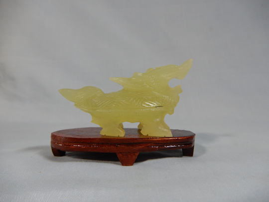 Vintage Hand Carved Xui Jade Stone Mythological Animal On Wood Stand C 1940S