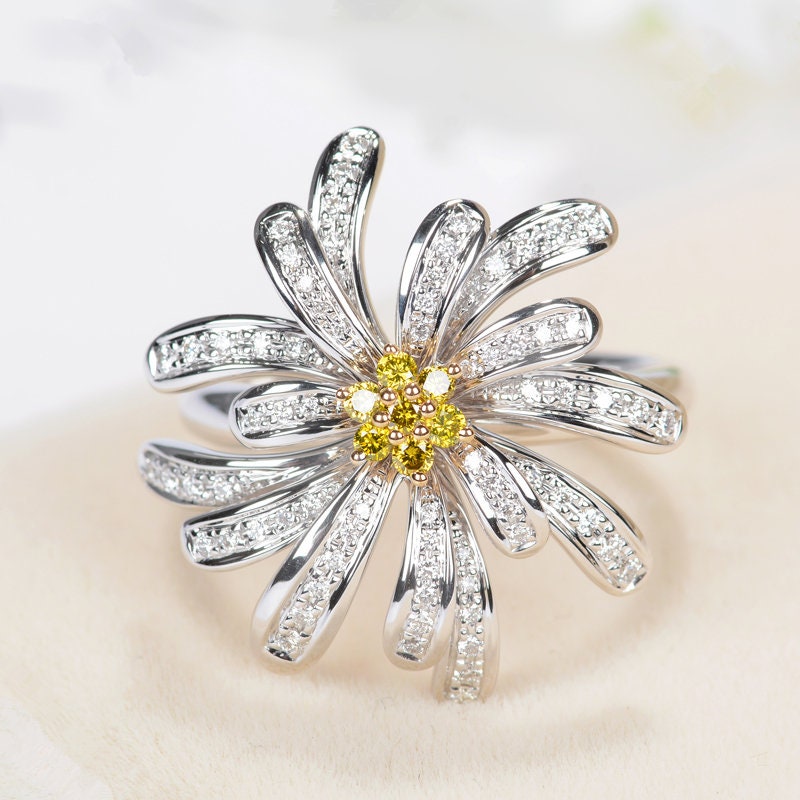 Yellow & White Diamond Blossom Flower Ring in Solid 18K 2-Tone Gold/Custom Fine Jewelry/Personalization Design/Gift For Women Girls