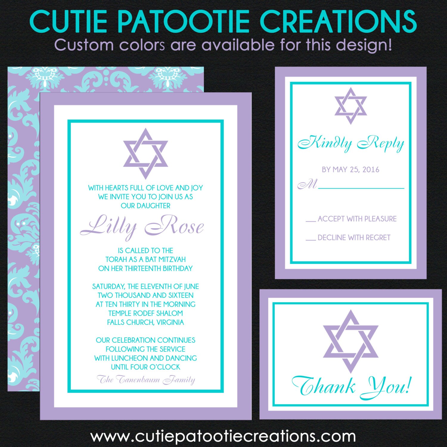 Bat Mitzvah Invitations - Purple & Turquoise Custom Color, Pattern Design Add Rsvp Card, Thank You Note, Envelope Addressing