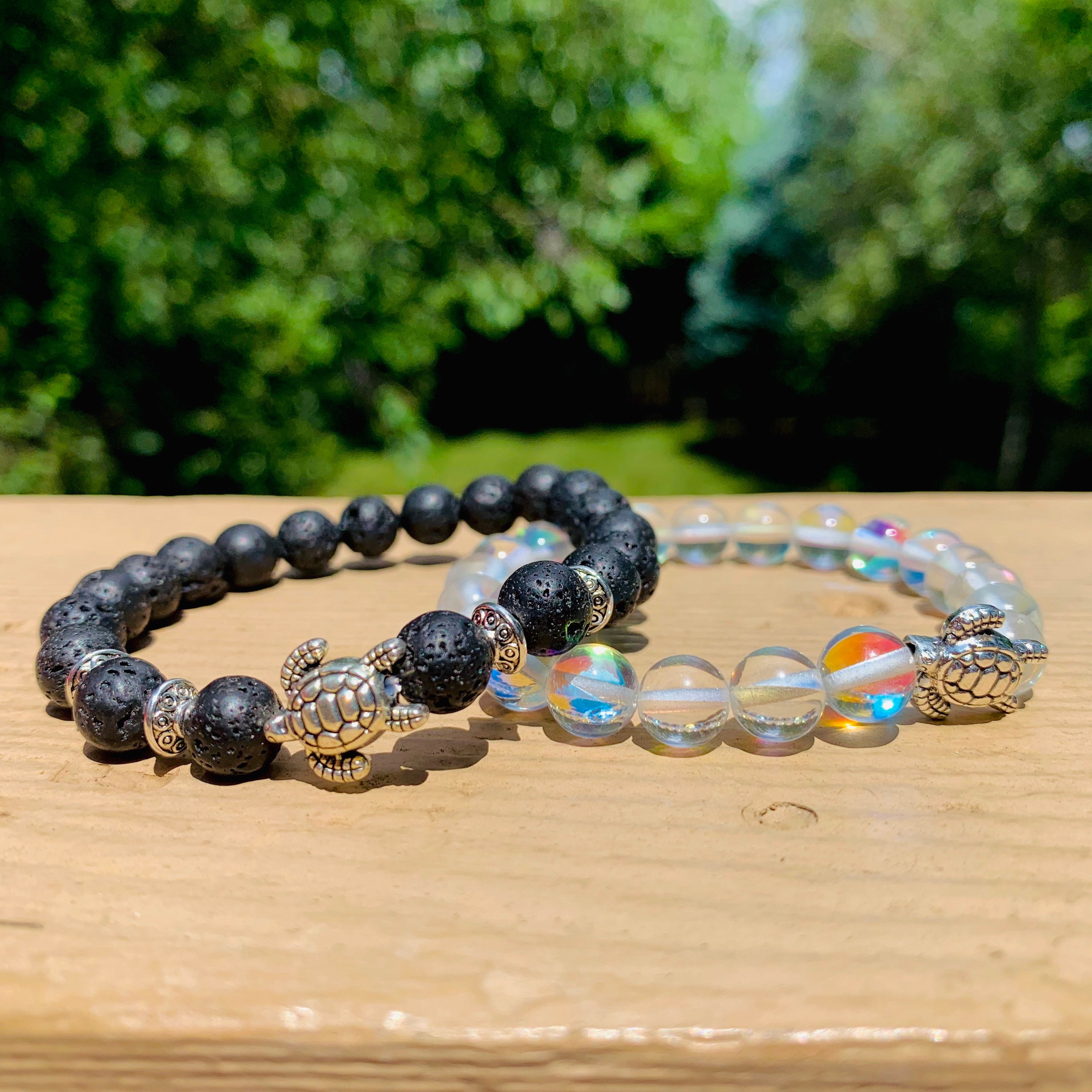 White Glass Bead/Lava Black Sea Turtle Twins Bracelets 2 Pc Set Beach Vibes - Gift Her/ Him For Men Women Great Set