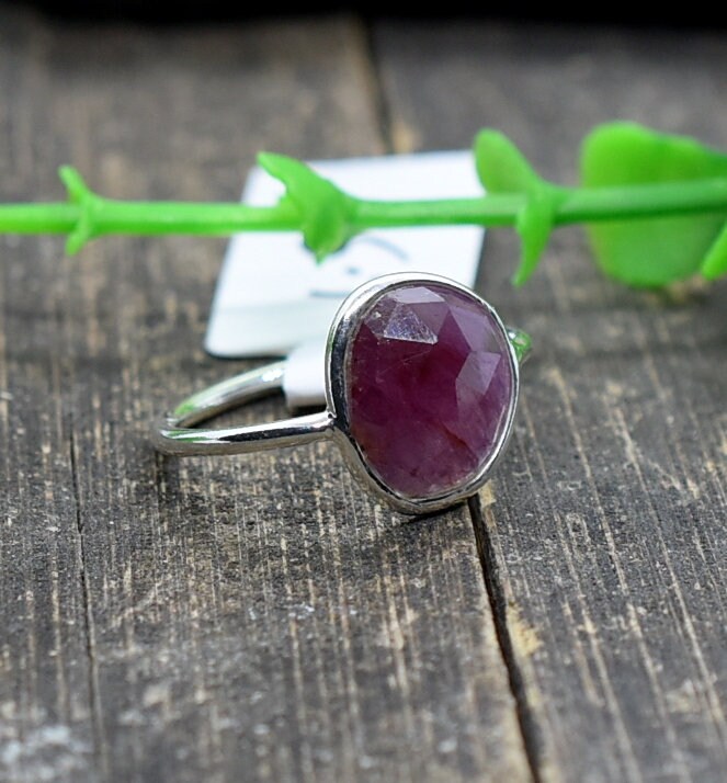 Ruby 6.5 Us Bezel Ring, Silver Jewelry, Boho Ring, Handmade Birthstone, Rose Cut Rosecut