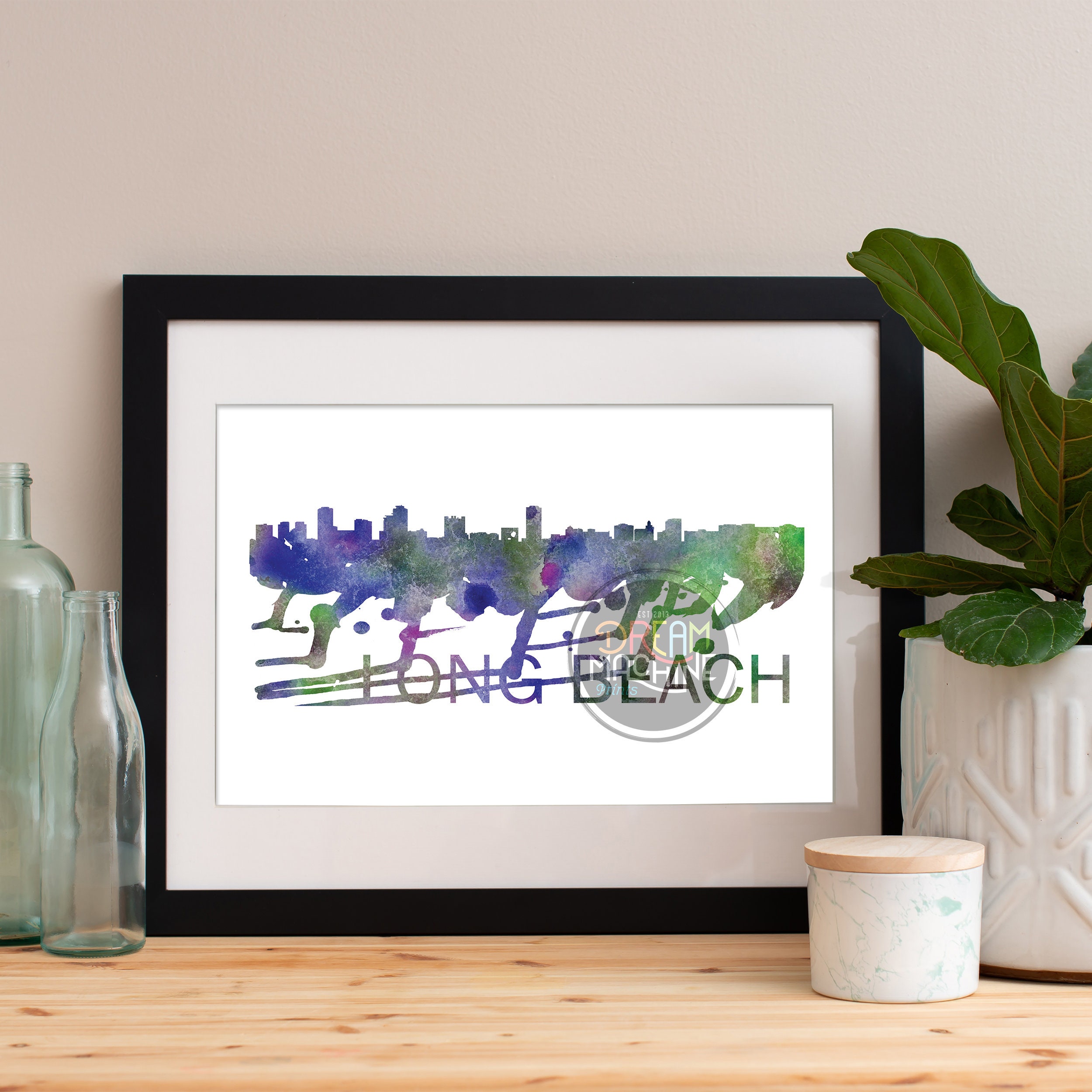 Long Beach Watercolor Skyline, Art, Poster, Print, Map