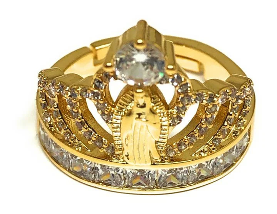 Gold Plated Crown Virgin Mary Cz Ring Virgen Guadalupe Anillo Adjustable Sizes | 5-12