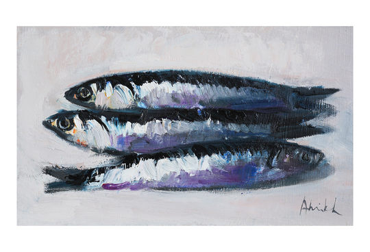 Three Anchovies, Original Oil Painting Paintings Food Seafood Small Still Life Sardine Anchovy Fish Fishy Impressionist Fishes Kitchen Decor
