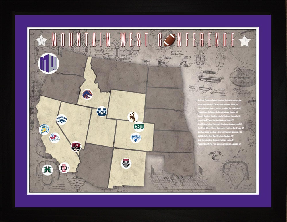Mountain West Conference College Football Stadiums Teams Location Tracking Map, 24x18 | Print Gift Wall Art Tfootmwc1824