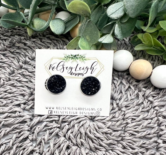 Black Stud Earrings Druzy Glitter Popular Style Buttons Handmade Lightweight