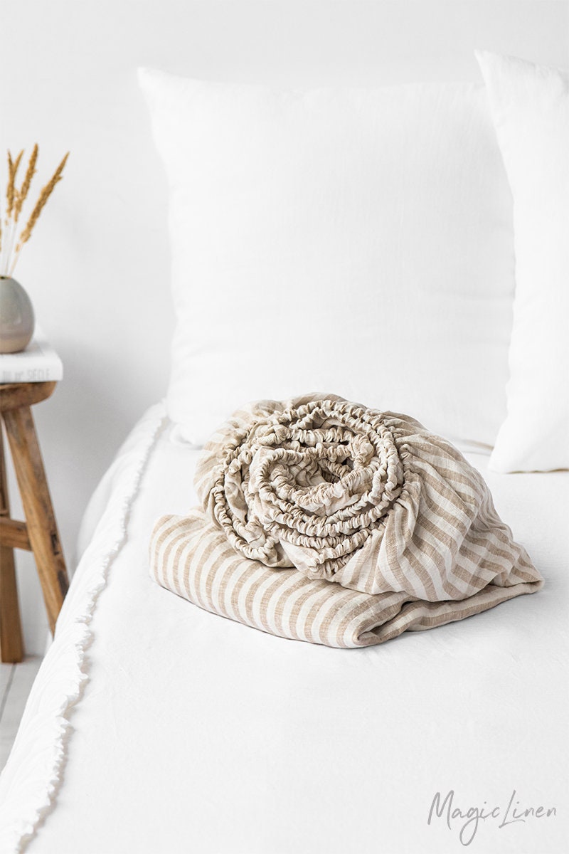 Natural Striped Linen Fitted Sheet. King/Queen Custom
