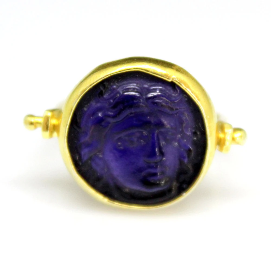 Handmade Hammered Band Venetian Glass Angel Intaglio Ring, Gold Over 925K Sterling Silver, Minimalist Stack Designer Jewelry