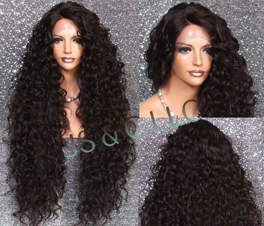 Dark Brown Human Hair Blend Full Lace Front Wig Extra Volume & Curly Untamed Wild Heat Ok Side Parting Cancer Aloepcia Anime