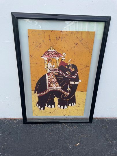 Beautiful Batik Elephant With Rider in A Wood Floating Frame