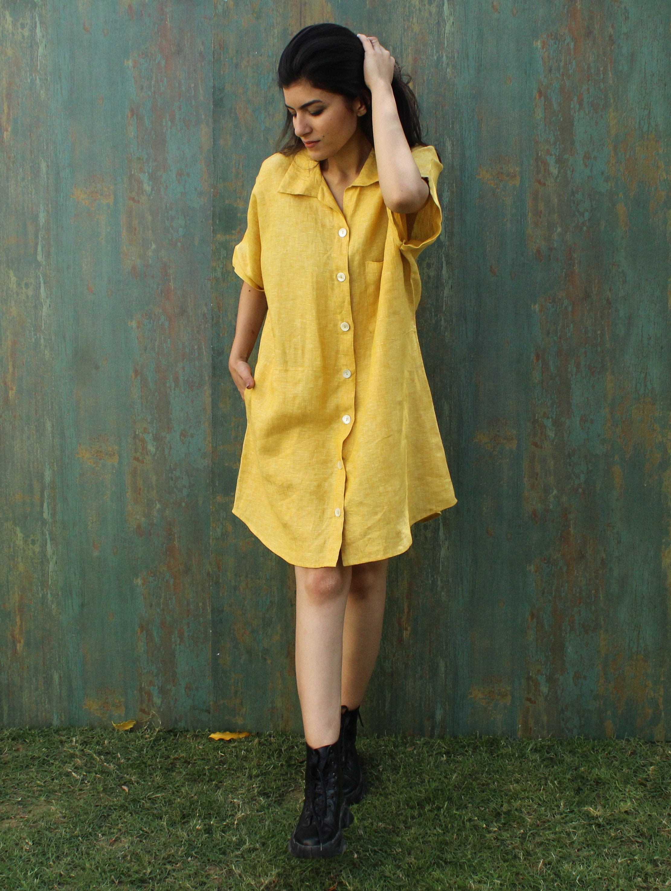 Short Sleeve Shirt Dress, Linen Button Up Dress , Bohemian Maxi Dress, Loose Linen Shirt, Plus Size