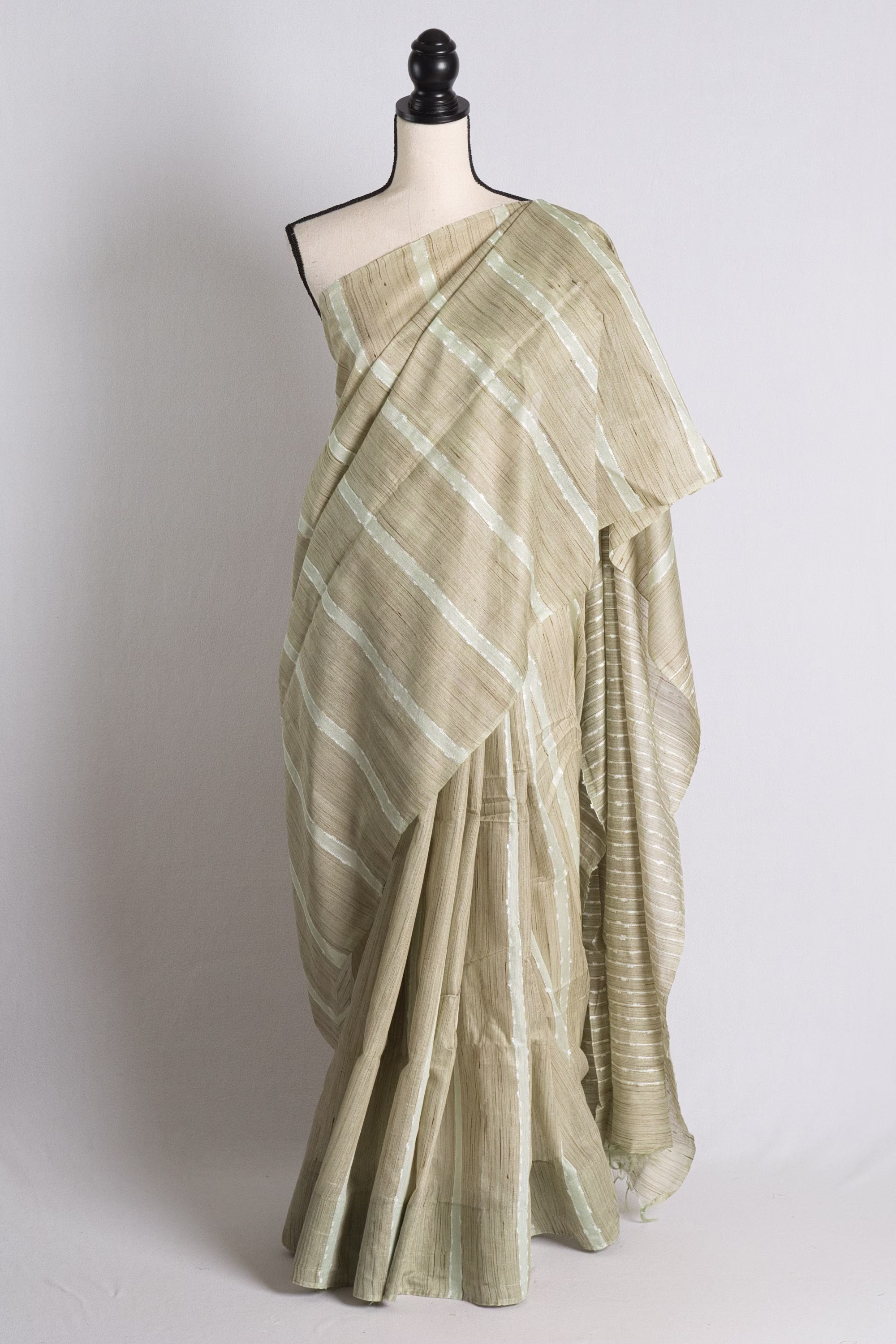 striped Blended Cotton Saree With in Light Green