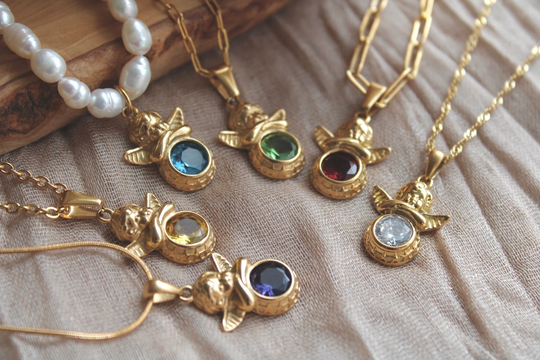 18K Gold Birthstone Necklace | Gemstone Angel Jewelry Waterproof Minimalist Birthday Gift For Her