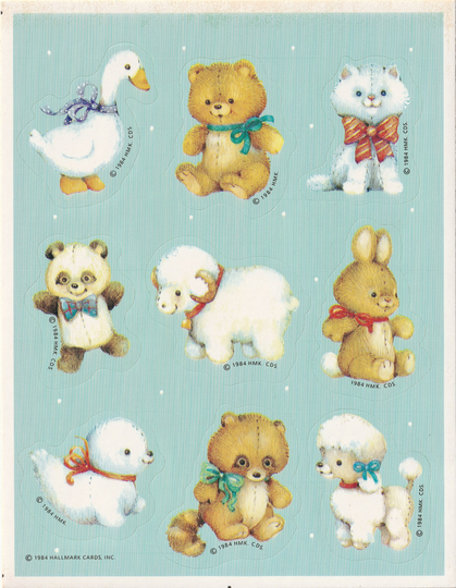 Vintage 1980S 1990S 2000S Hallmark Cute Fluffy Animals Sticker Sheet, Blue - Goose, Teddy Bear, Lamb, Seal, White Poodle, Panda Bear