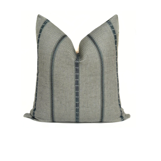 Blue Pillow Cover Linen Cotton Blend Gray Geometric Striped Square Or Lumbar Cushion Case Couch Sofa Chair Throw Decorative