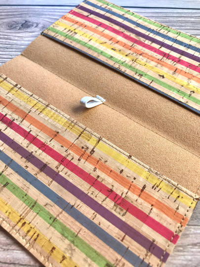 Cork Rainbow Checkbook Cover, Vegan Checkbook Sleeve, Cruelty Free Sustainable Cork Cover Eco Friendly Accessory