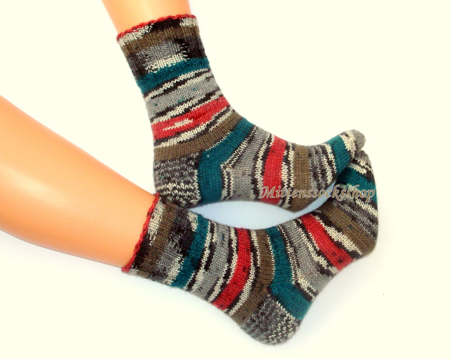 Gray Red Green Black Hand Knit Socks Women's Girl's Men's Striped Winter Wool Warm