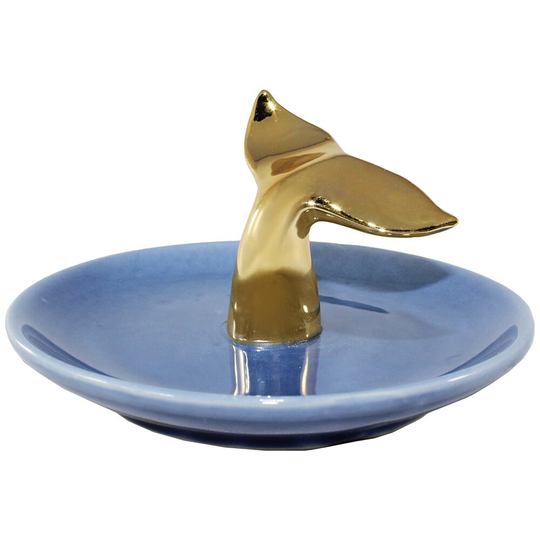 Coastal Whale Tail Ceramic Ring Tray Gold & Deep Blue Glazing Holder New