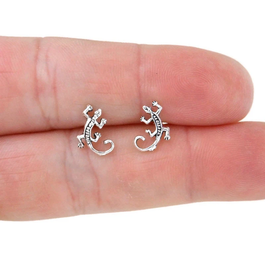 Tiny Lizard Earrings in Sterling Silver, Gecko Studs, Silver Stud, Multiple Piercings, Animal