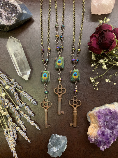 Skeleton Key Spirit Protection, Peacock Necklace