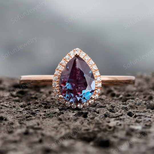 Vintage Pear Cut Purplish Blue Alexandrite Engagement Ring, Teardrop Moissanite Wedding Halo Ring Rose Gold Silver Promise