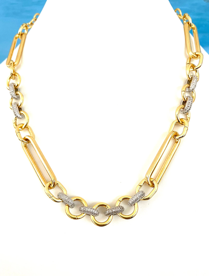 Chunky Custom Trombone Chain Gold Extended Mixed Paperclip Link Necklace, Charm Holder, Silver Two Tone Rondel Oval Bead Stations