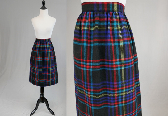 70S 80S Plaid Skirt - Black Red Yellow Turquoise Blue Wool Blend Vintage 1970S 1980S 24" Waist