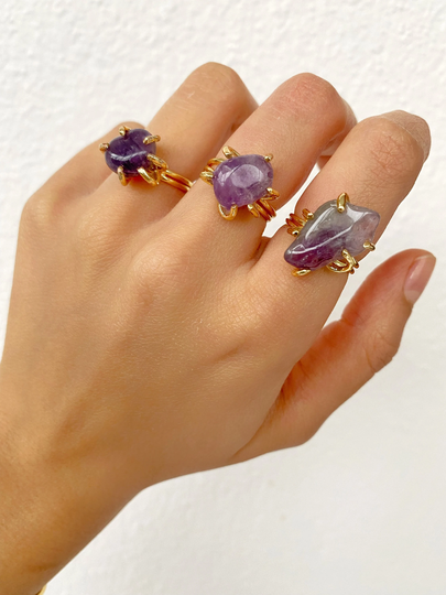 Raw Amethyst Gold Ring Healing Crystal Cuff Bracelet Bangle Birthstone February Gemstone Cuff