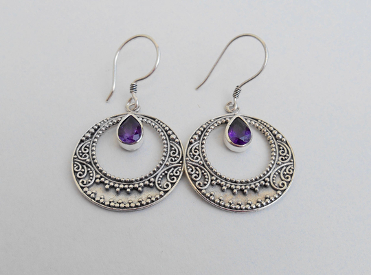 sterling Silver Purple Amethyst Gemstone Dangle Earrings/Silver 925 Bali Art Jewelry 1.75 Inches Long