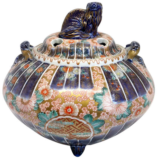 Antique Japanese Meiji Porcelain Imari Ram Lid Incense Burner Or Censer | Koro Blue, White, Orange