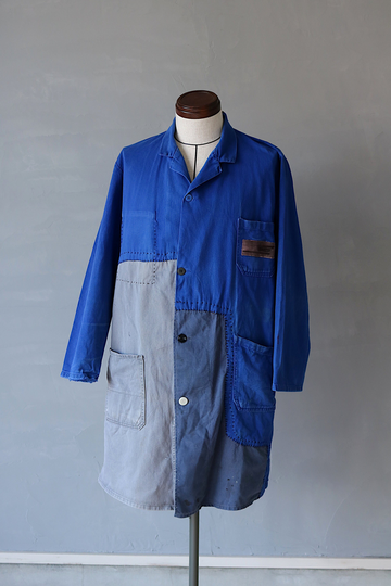 Mitsugu Sasaki/French Vintage Patchwork Blue Coat/France/Blue Gray/Cotton/Patched/Hand Stitched/Shop Coat/Chore Coat/147