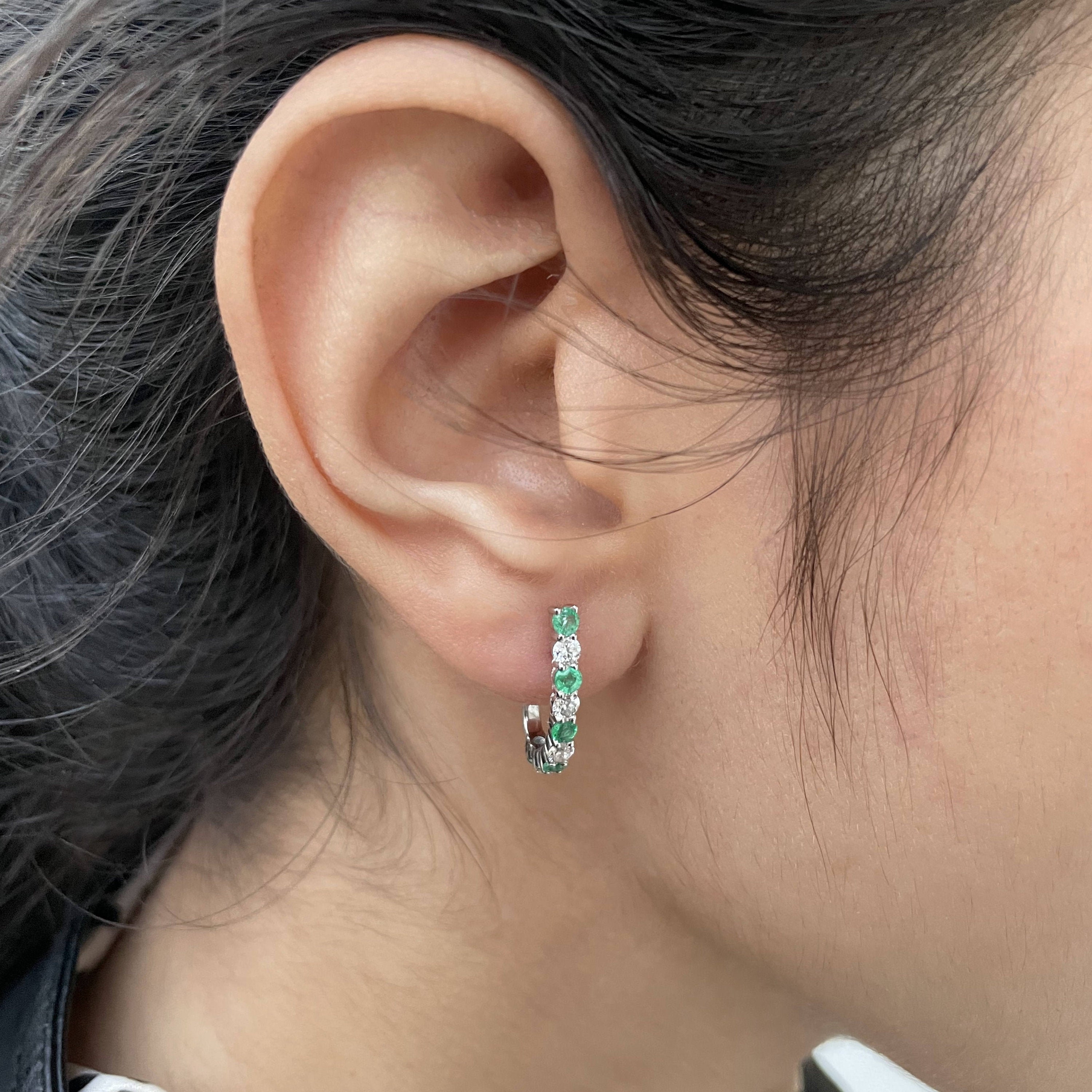 1/2 Ct Emerald & Diamond Earrings, J Hoop Half Earrings