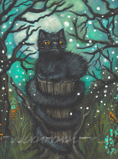 Tatzelwurm Print Black Cat Halloween Art Fireflies 5 X 7