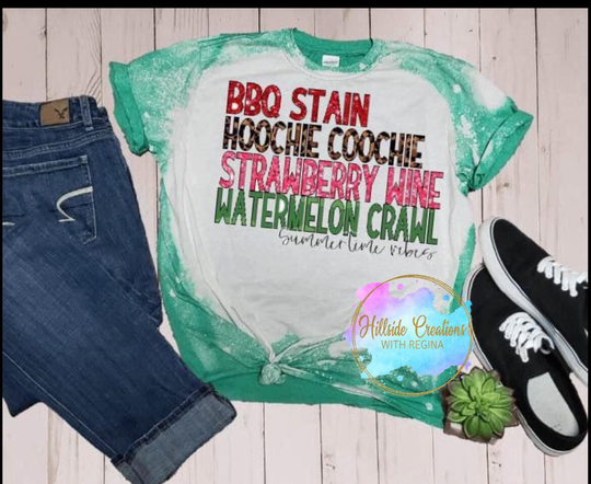 Bleached Tee-Bbq Stain, Hoochie Coochie, Strawberry Wine, Watermelon Crawl