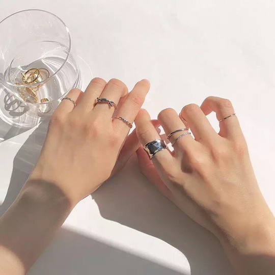 Silver Goth Ring Set, Midi Rings, Silver Geometric Gothic Jewelry, Alternative Witchy Grunge Minimal Set Thick Rings