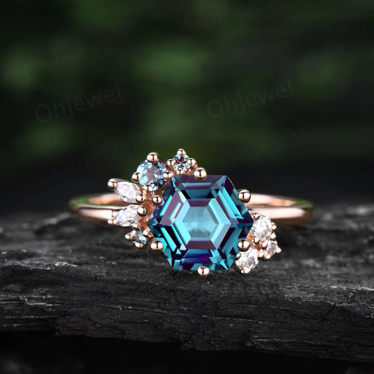 Vintage 2Ct Hexagon Cut Alexandrite Engagement Ring 14K Rose Gold Art Deco Unique Cluster Marquise Diamond Women