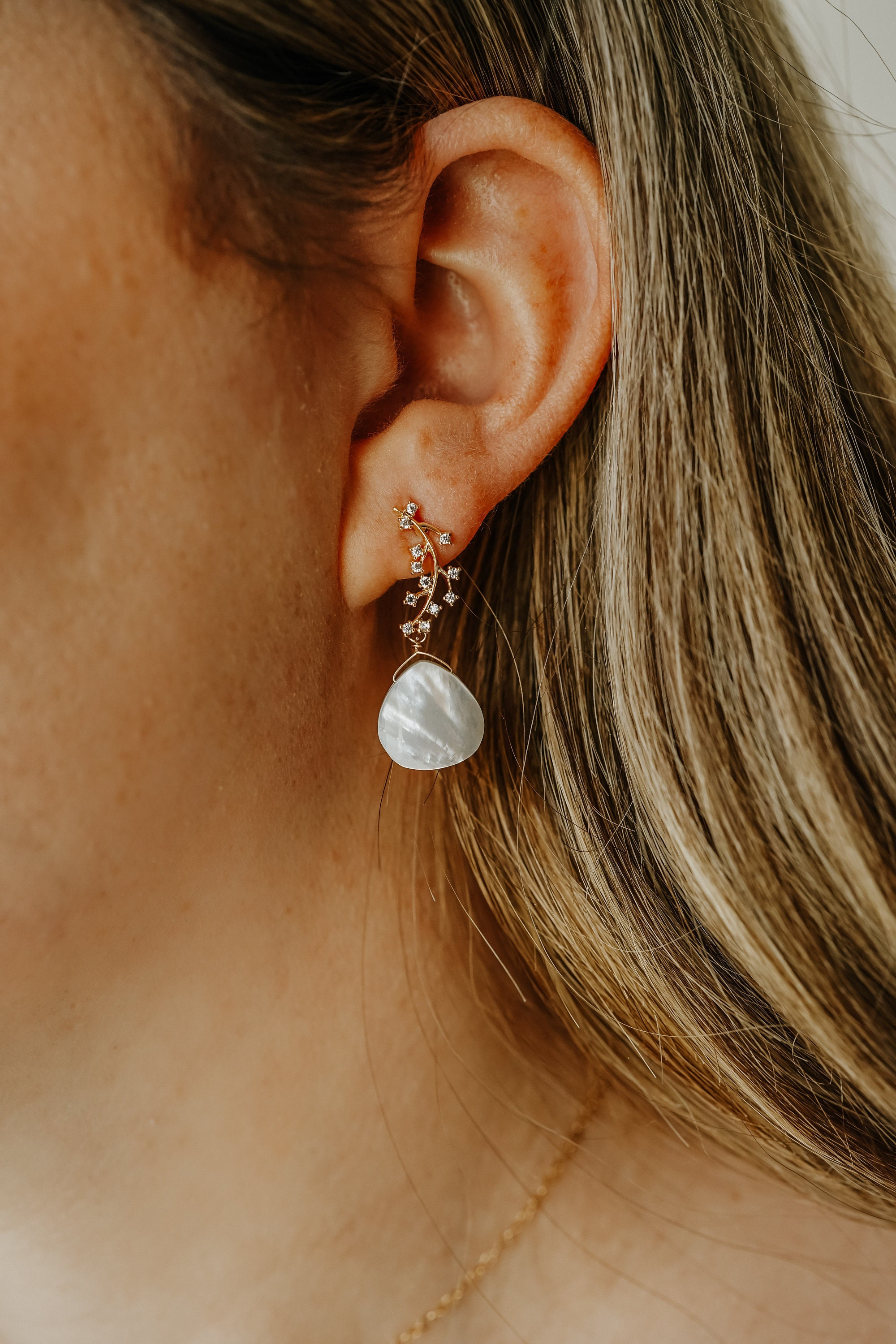 Ella Pearl Earrings, Leaf Mother Of Branch Bohemian Bride, Boho Drop Earrings