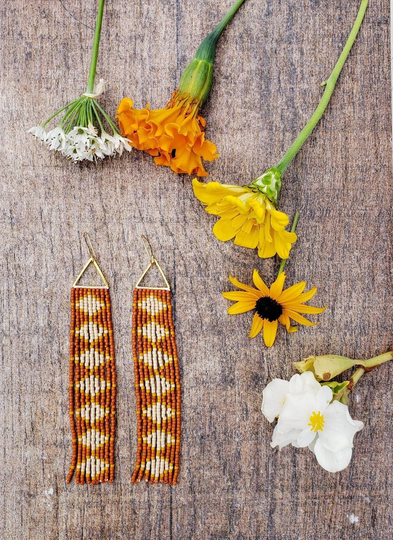 Warm Honey. Seed Bead Earrings. Fringe Handmade