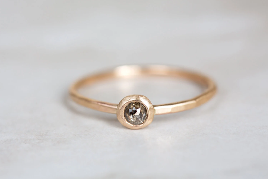 Rose Cut Diamond Ring, Salt & Pepper Chocolate Engagement Black 14K Yellow Gold Ring