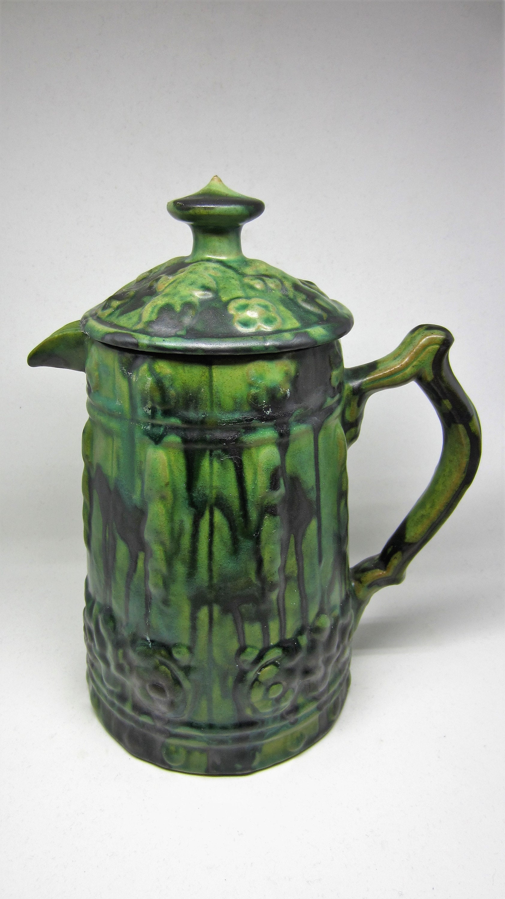 Vintage Swedish Large Green & Black Ceramic Jug With Lid Design Knut Hallsten 1930S Art Deco Flowing Running Glaze Scandinavian Pottery Gift