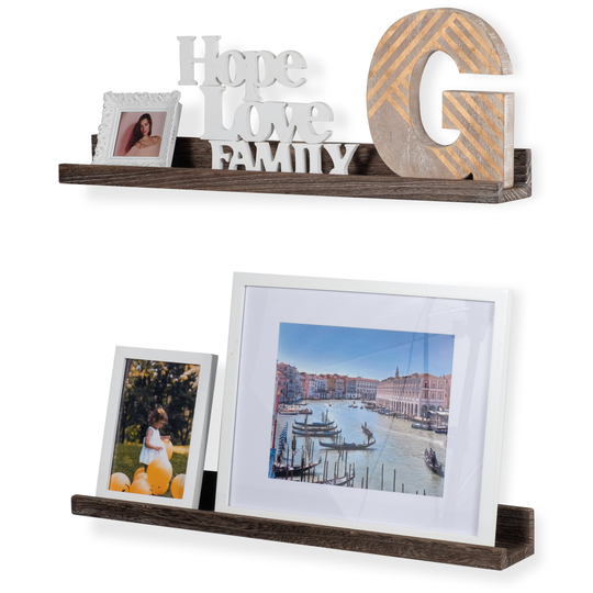 Rustic State Ted Wall Mount Narrow Picture Ledge Shelf Display | Floating Wooden Shelves Torched Brown Set Of 2