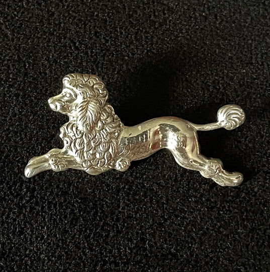 1970's Sterling Leaping Poodle Brooch, Detailed Repousse' Traditional Clip, Excellent Vtg Condition, Size in Photo, Maker Mark Half Bfly