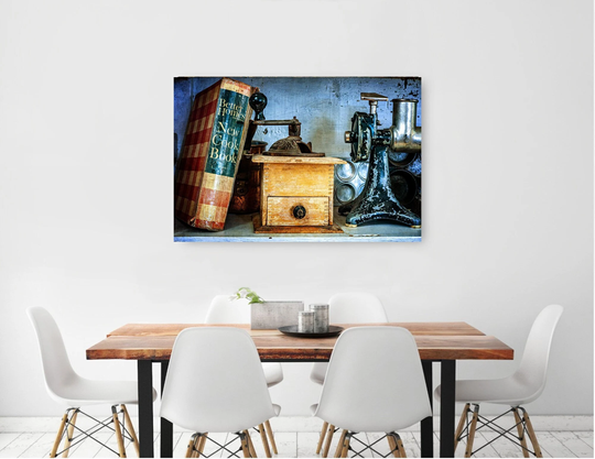 Large Wall Art "Daily Grind" Vintage Antique Coffee Grinder Canister Boxes Cook Book Nostalgic Americana Fine Print Canvas Metal Options
