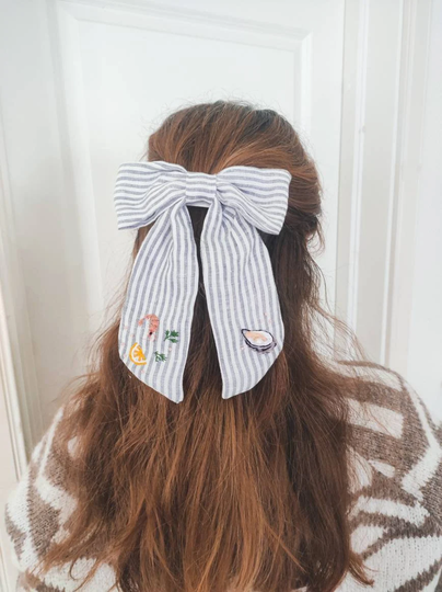 Hand Embroidered Linen Hair Bow/Ribbon With A Clip Summer Nautical Big Seaside
