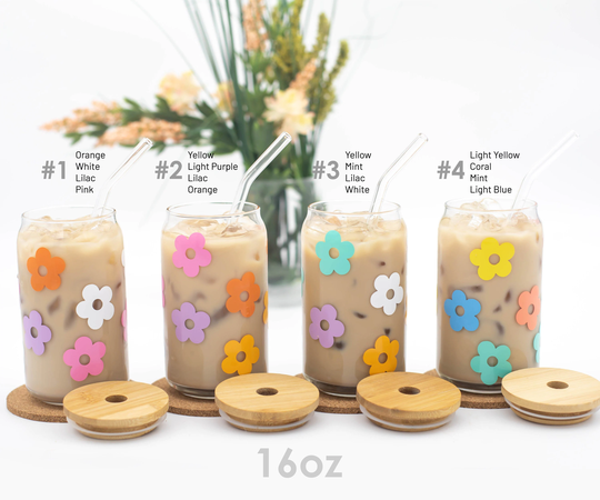 Retro Flower Glass Jar, Daisy Coffee Glass, Boho Beer Jar, Iced 16 Oz Can