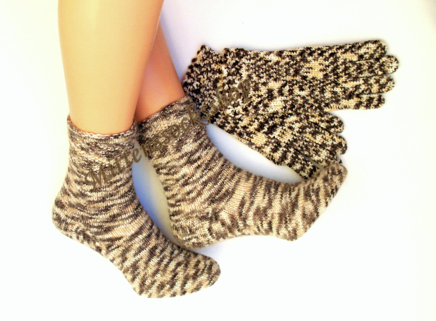 Hand Knit Socks From Beige Brown White Wool With Kid Mohair Natural Very Warm Sleeping