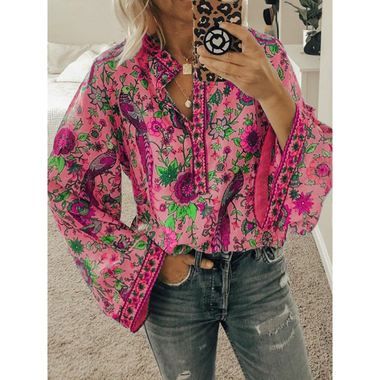 White Long Sleeve Floral Cotton-Blend Floral-Print Shirt in 5 Color Choices - Fuchsia, XXL - 2xl pink